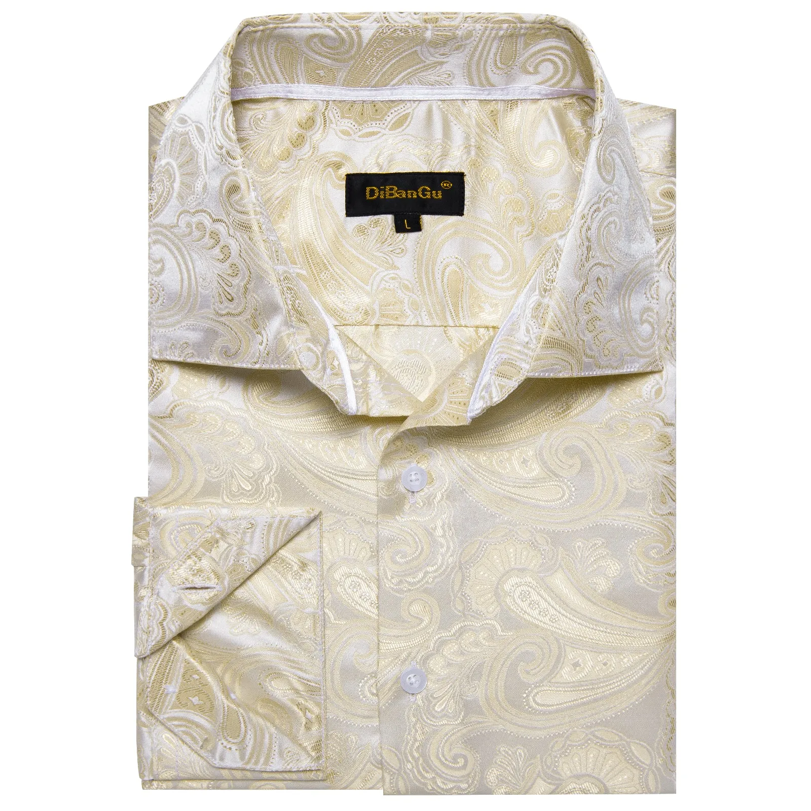 DiBanGu Shirts for Men Champagne White Floral Silk Men's Long Sleeve Shirt