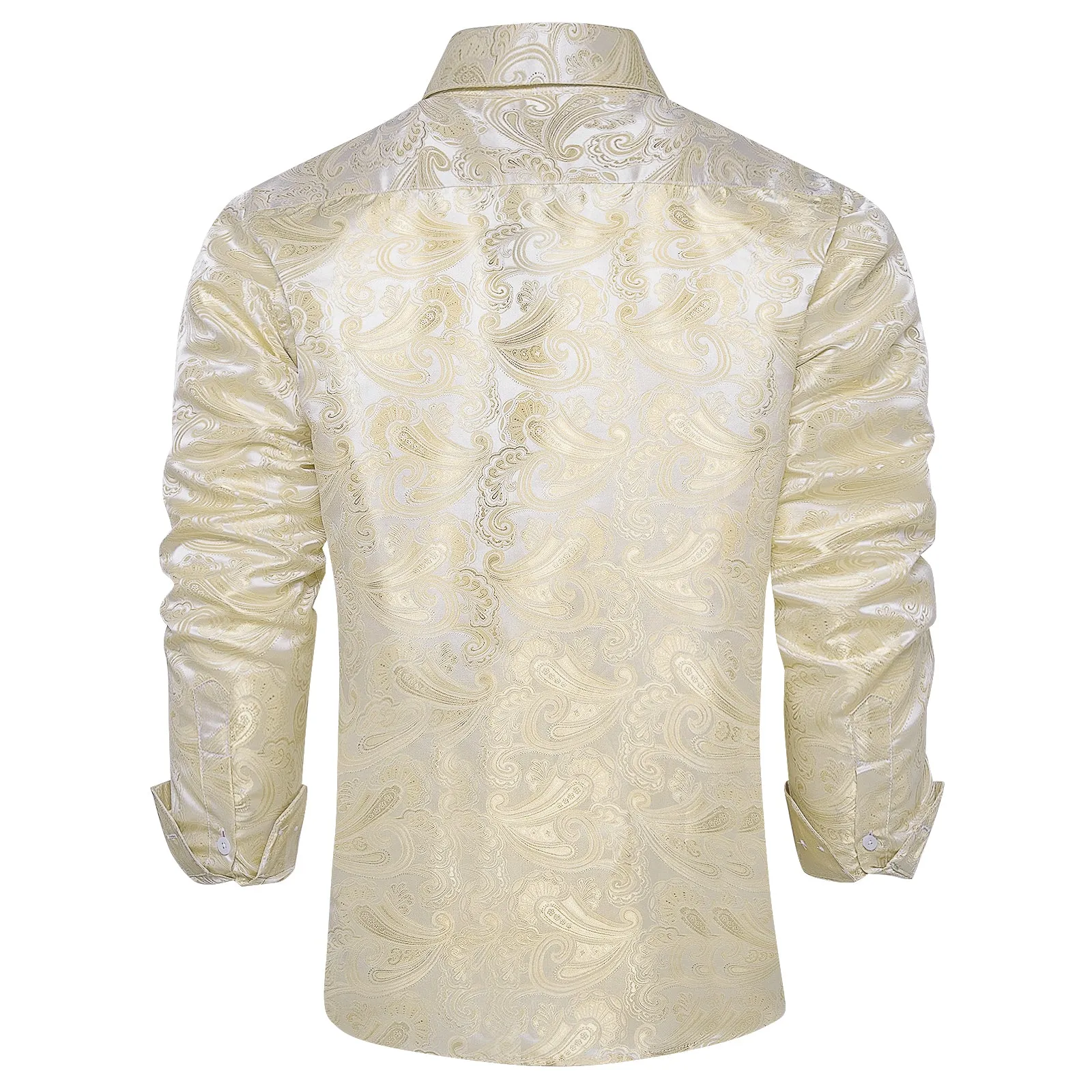 DiBanGu Shirts for Men Champagne White Floral Silk Men's Long Sleeve Shirt