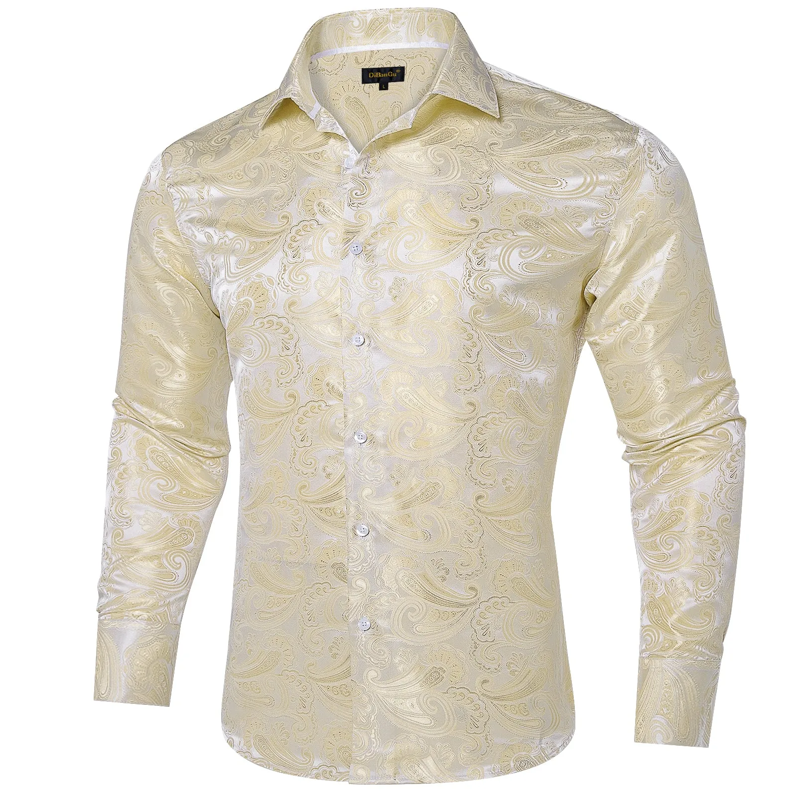 DiBanGu Shirts for Men Champagne White Floral Silk Men's Long Sleeve Shirt