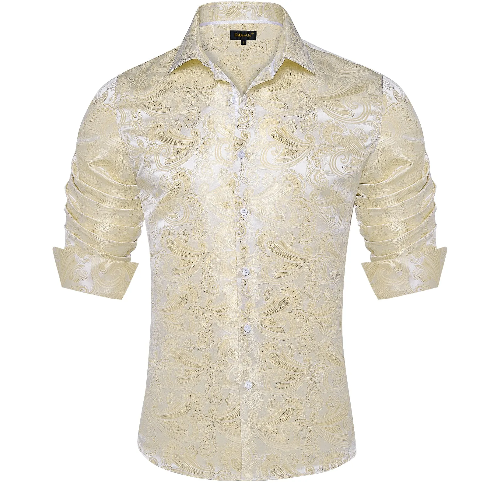 DiBanGu Shirts for Men Champagne White Floral Silk Men's Long Sleeve Shirt