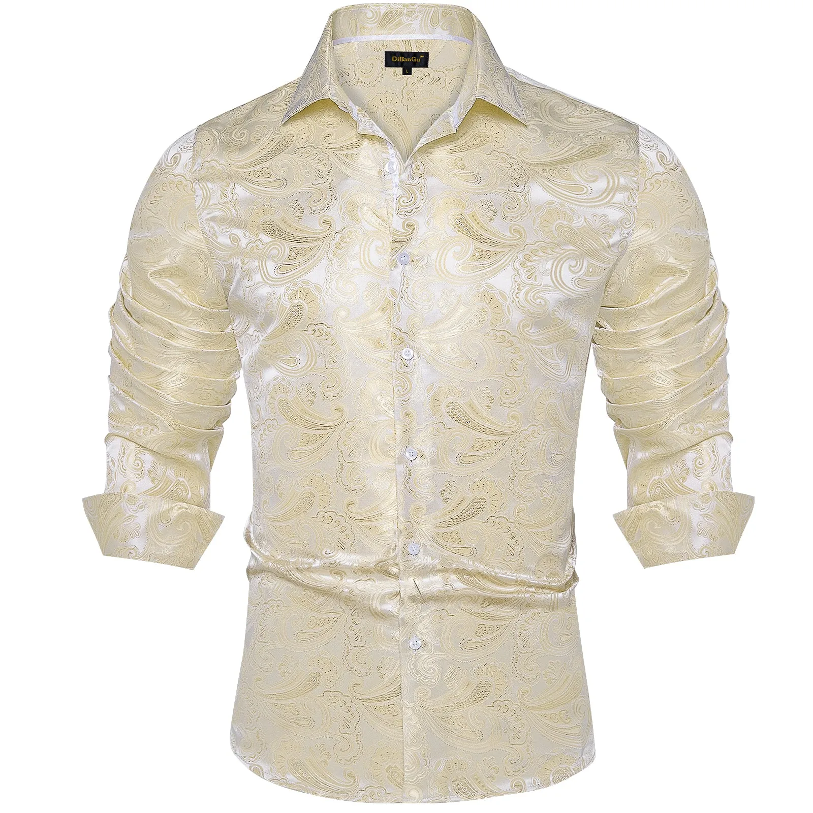 DiBanGu Shirts for Men Champagne White Floral Silk Men's Long Sleeve Shirt