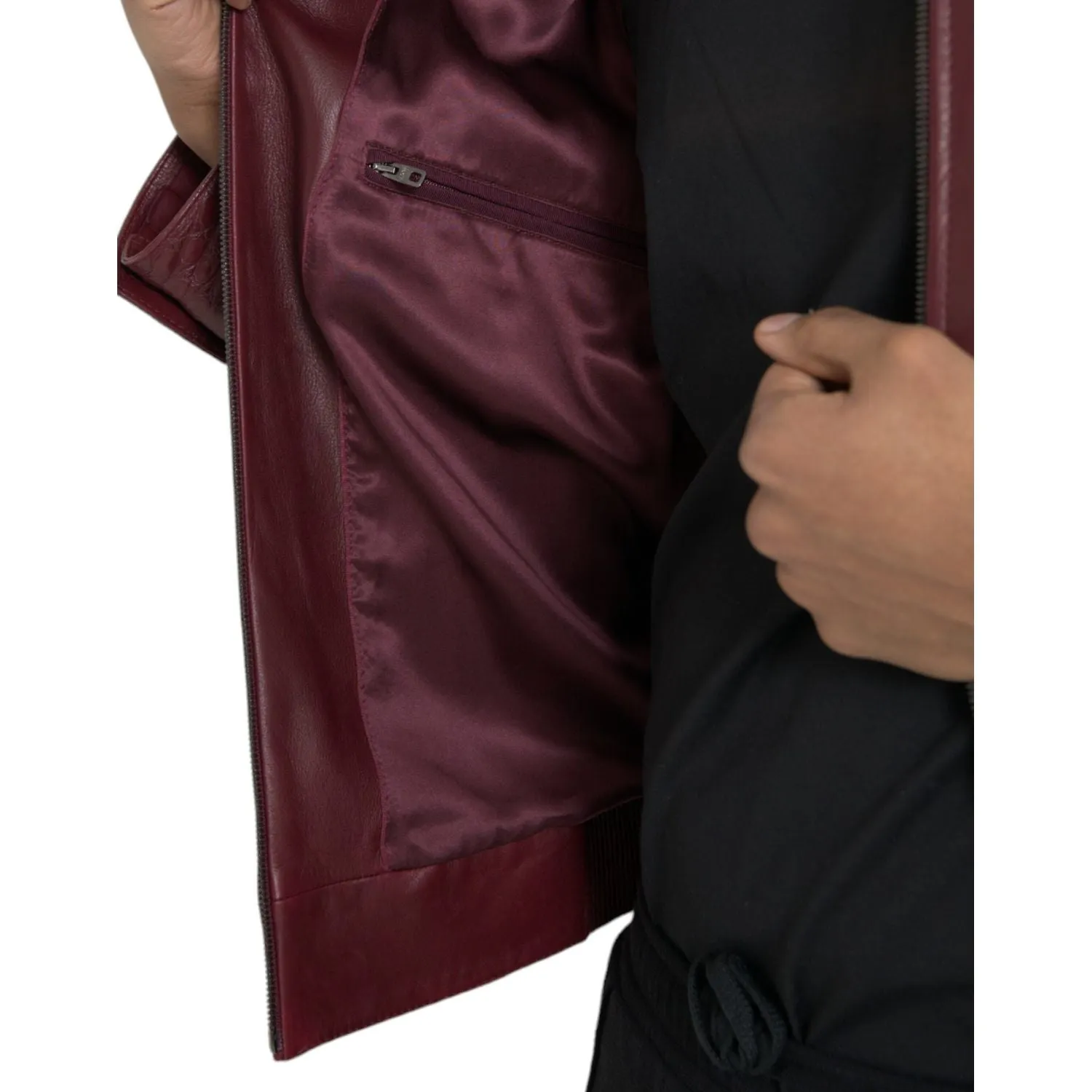 Dolce & Gabbana Maroon Exotic Leather Zip Biker Coat Jacket