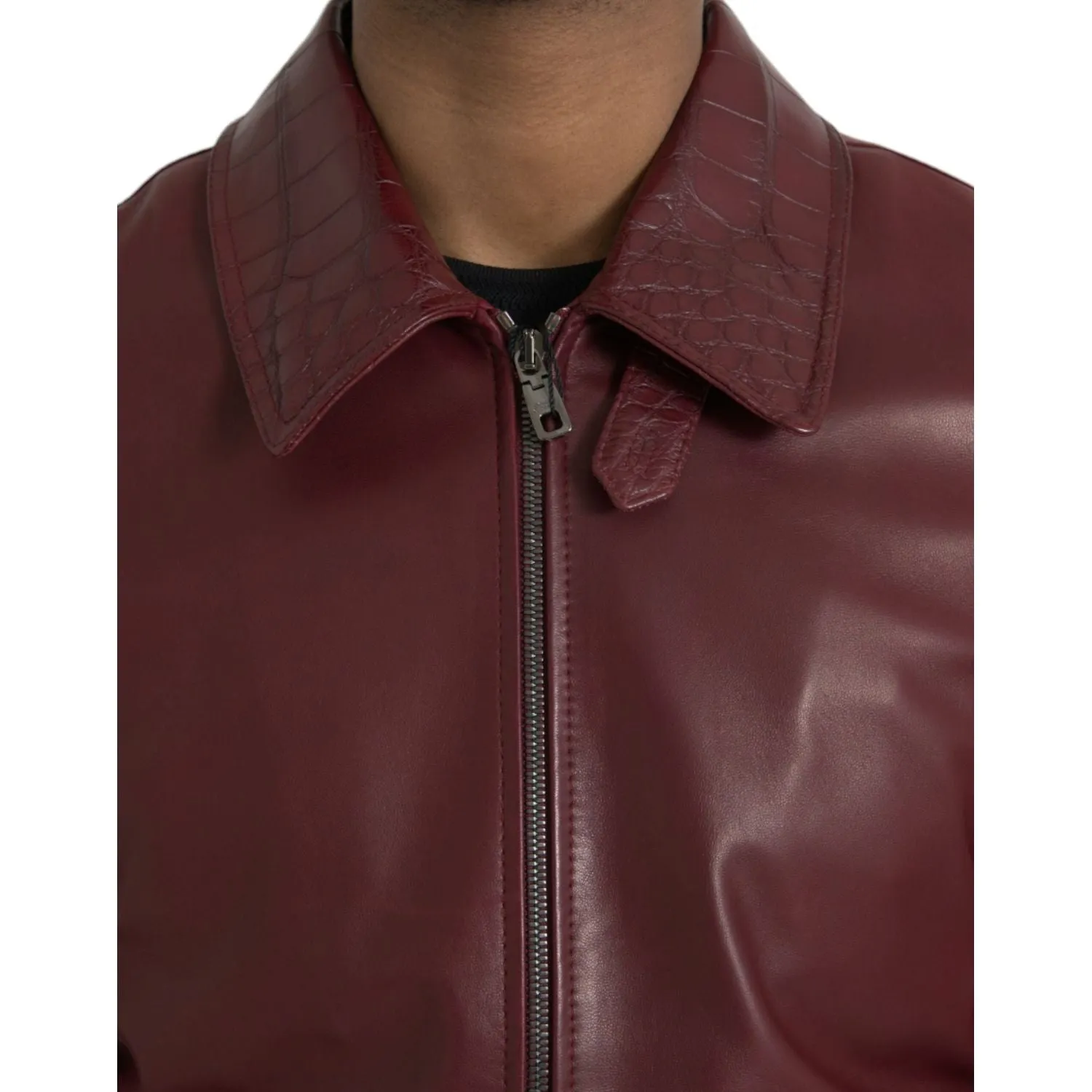 Dolce & Gabbana Maroon Exotic Leather Zip Biker Coat Jacket