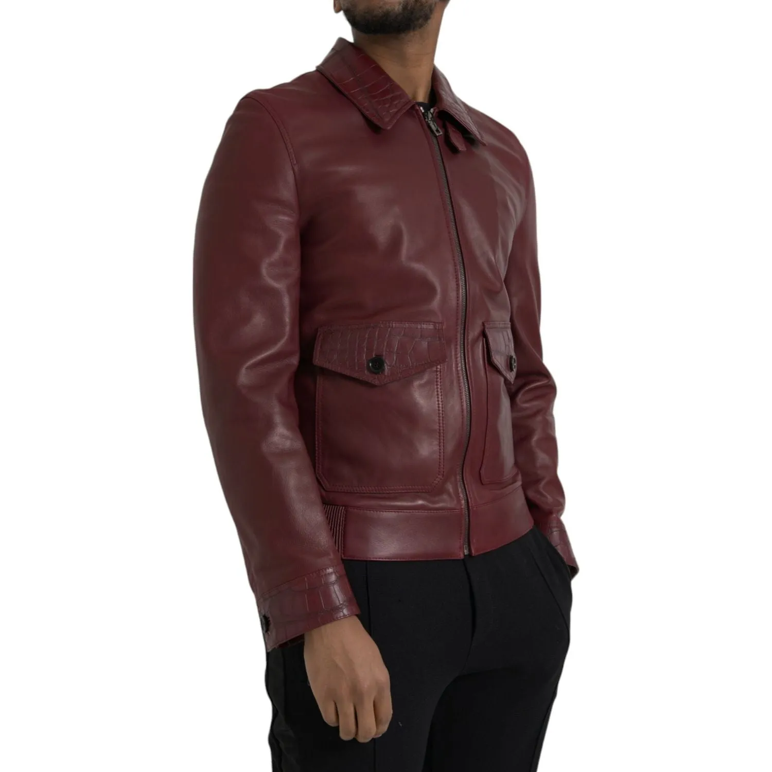 Dolce & Gabbana Maroon Exotic Leather Zip Biker Coat Jacket