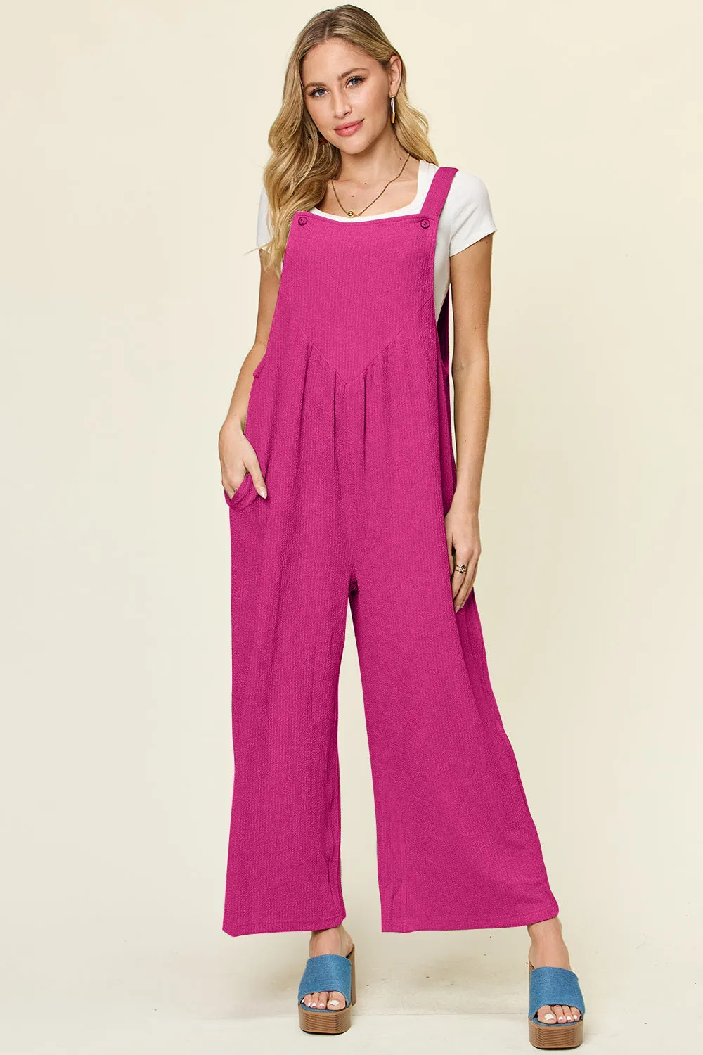 Double Take Full Size Texture Sleeveless Wide Leg Overall