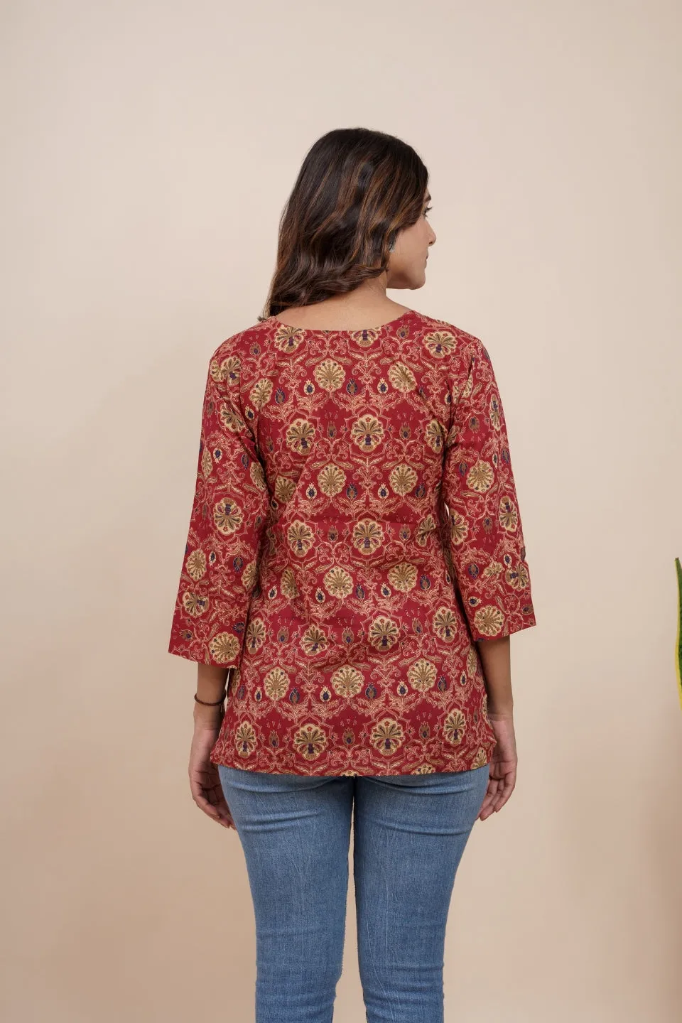 Ekisha's women maroon multicolor beautiful designer floral printed cotton tunic top short kurti