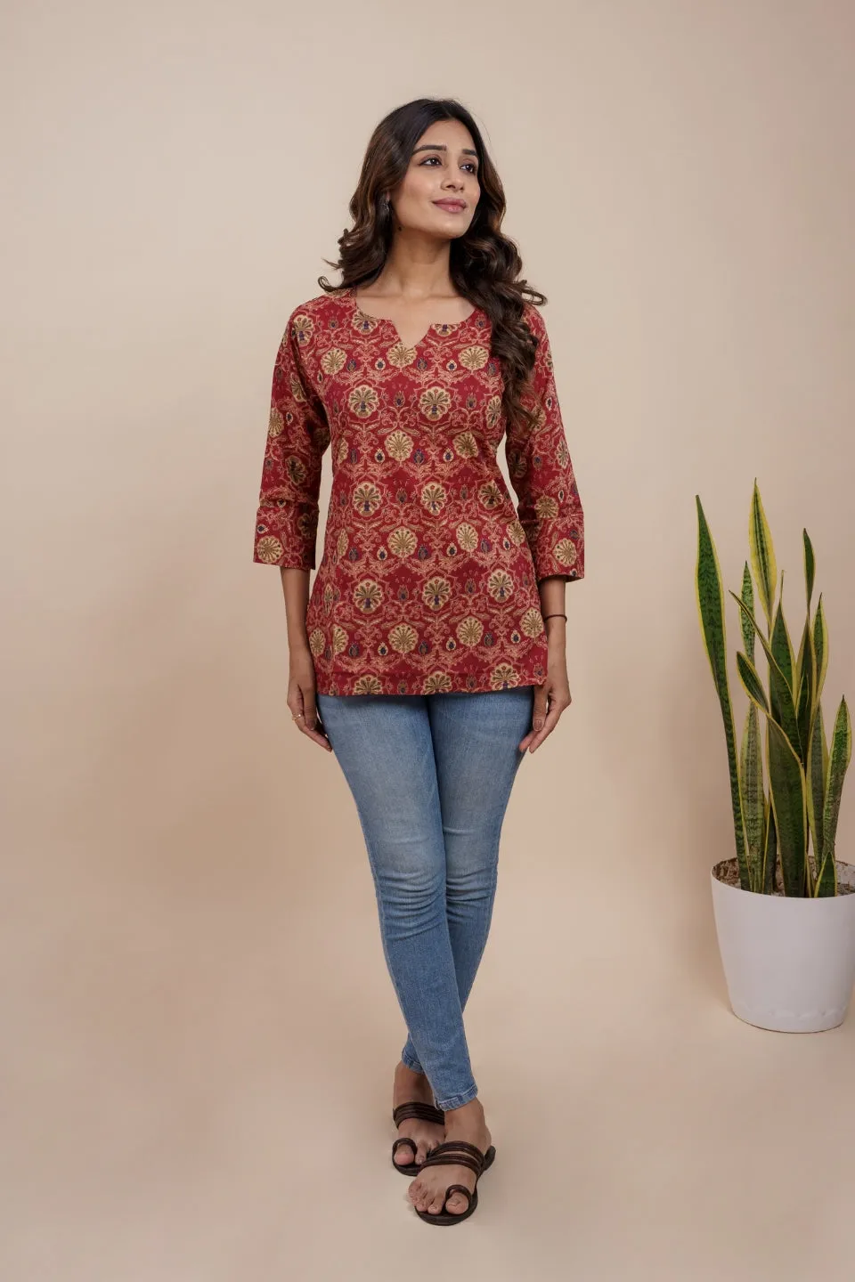 Ekisha's women maroon multicolor beautiful designer floral printed cotton tunic top short kurti