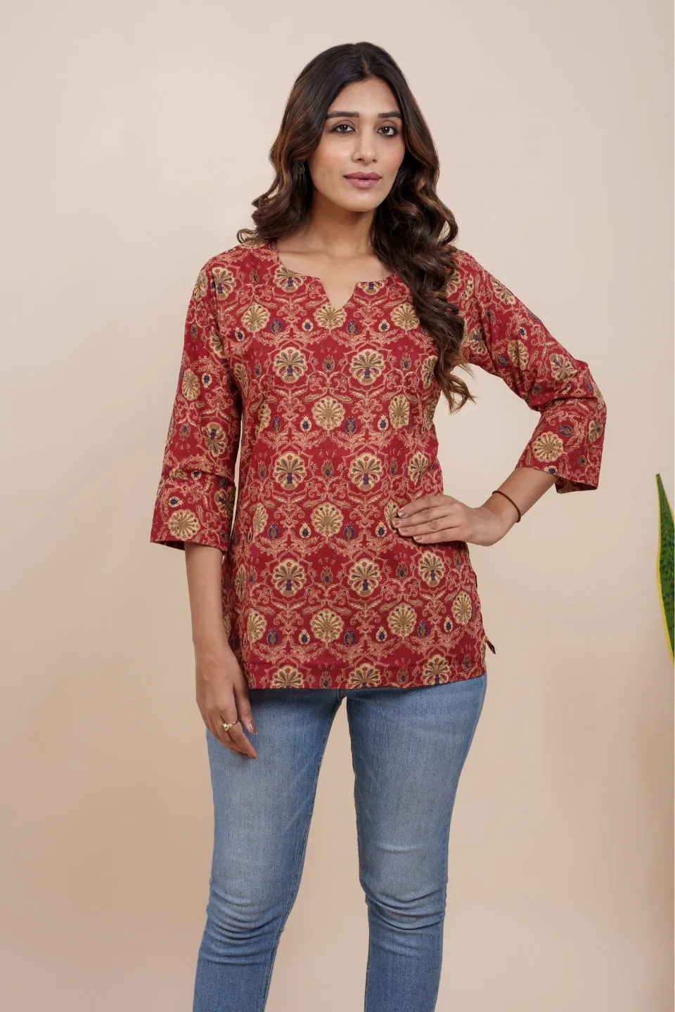 Ekisha's women maroon multicolor beautiful designer floral printed cotton tunic top short kurti