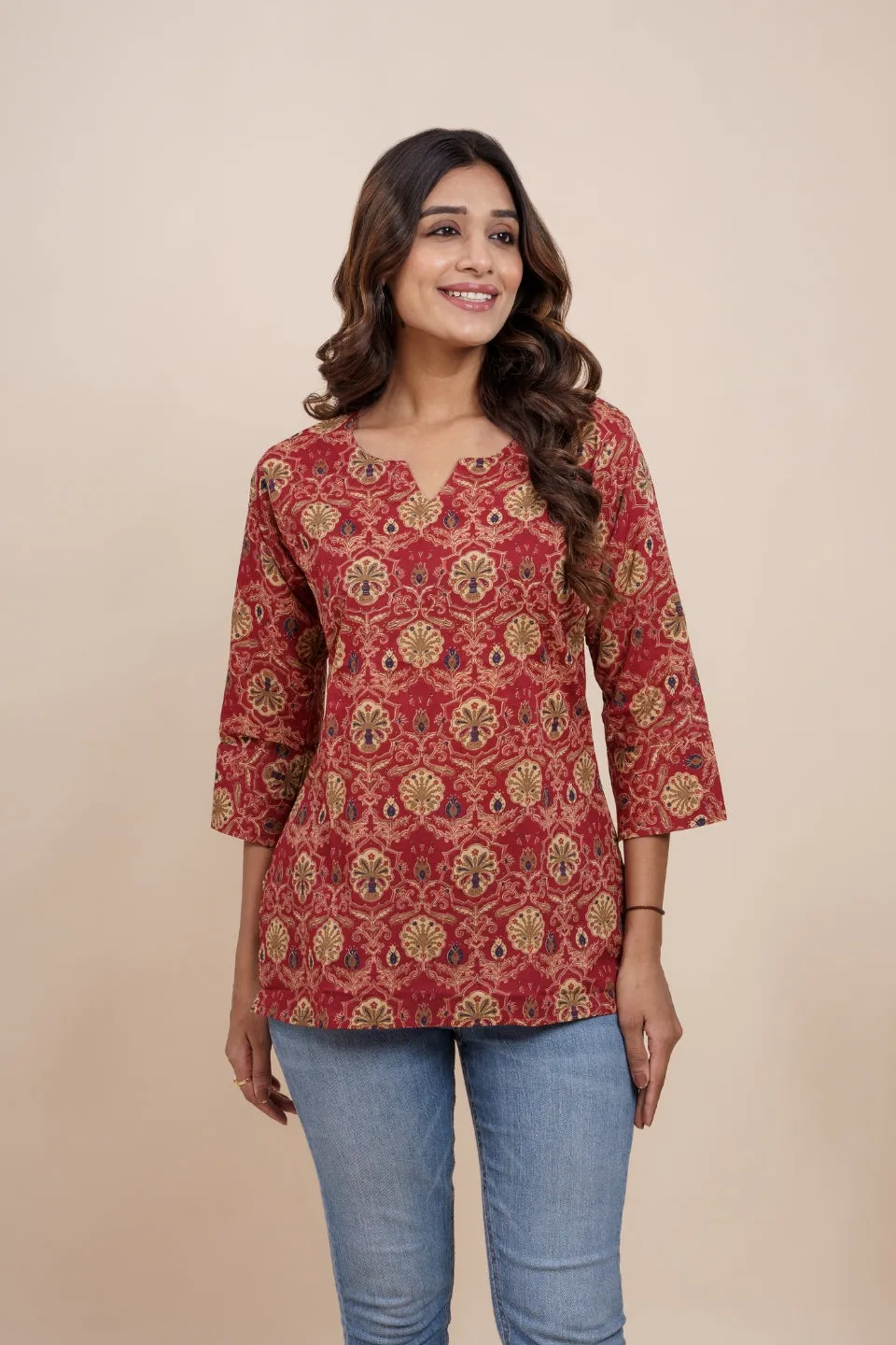 Ekisha's women maroon multicolor beautiful designer floral printed cotton tunic top short kurti