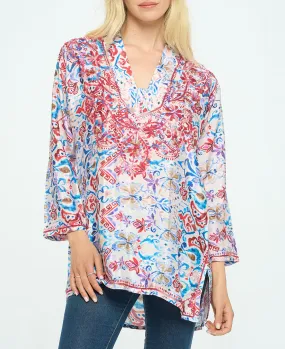 Embroidered Red White And Blue V Neck Tunic Top