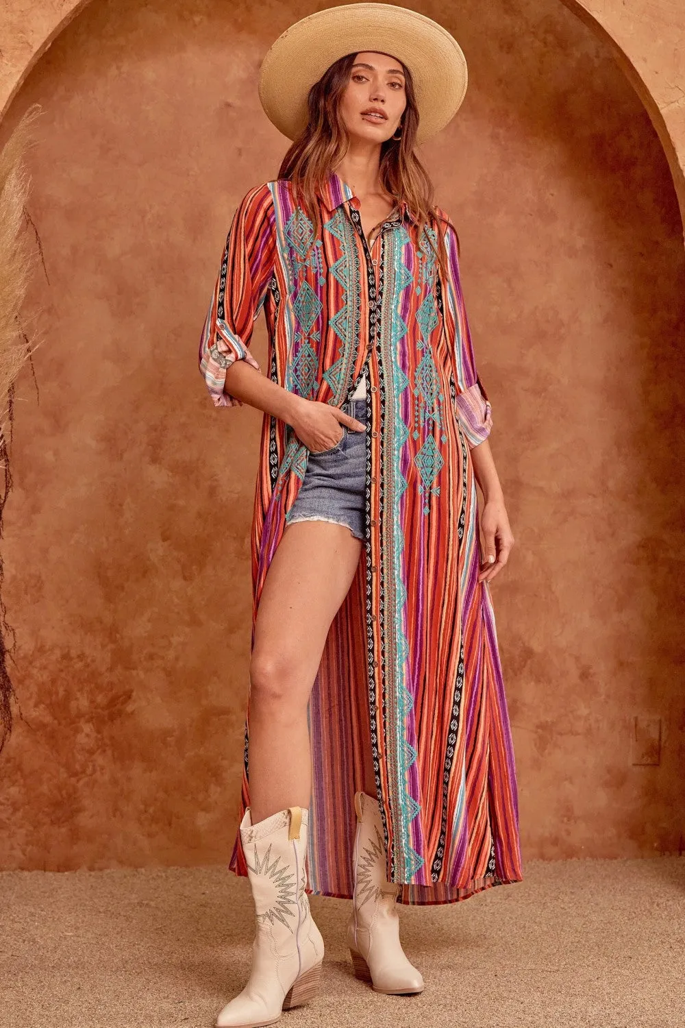 Embroidered Striped Duster