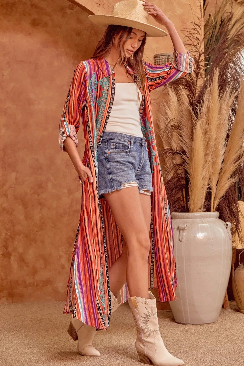 Embroidered Striped Duster