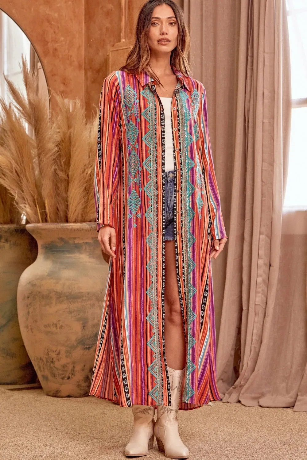 Embroidered Striped Duster