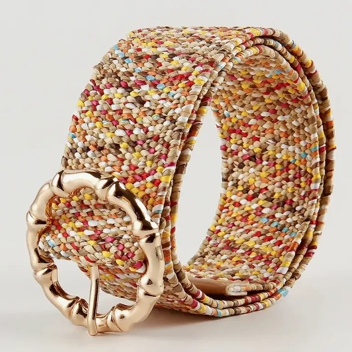 Esley Stretch Belt Straw Multi Color w/Round Gold Buckle