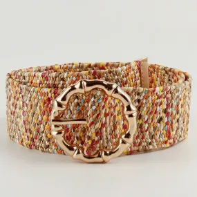 Esley Stretch Belt Straw Multi Color w/Round Gold Buckle