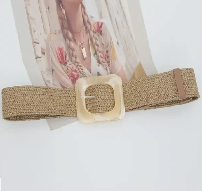 Esley Stretch Belt Straw With Resin Buckle