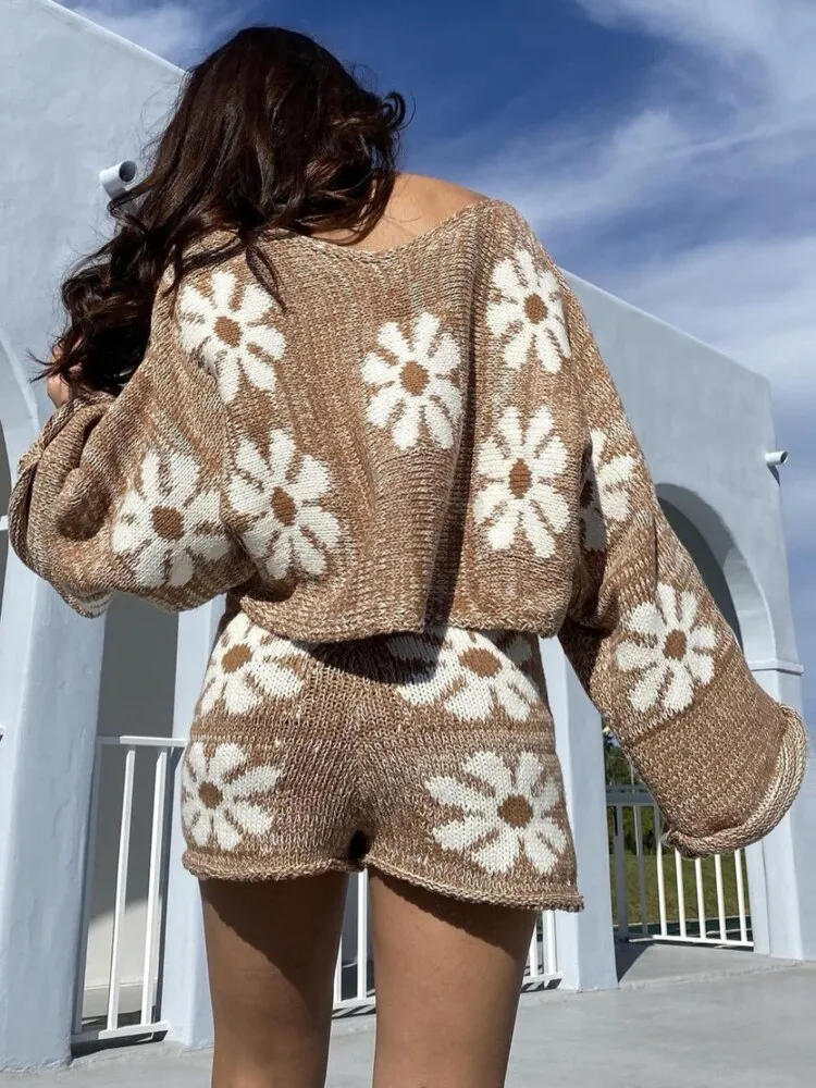 Fashion Sweater Set for Autumn Winter Women's Casual Knitted Pullover Shorts Two-piece Set 2 Piece Sets Womens Outfits Sweaters