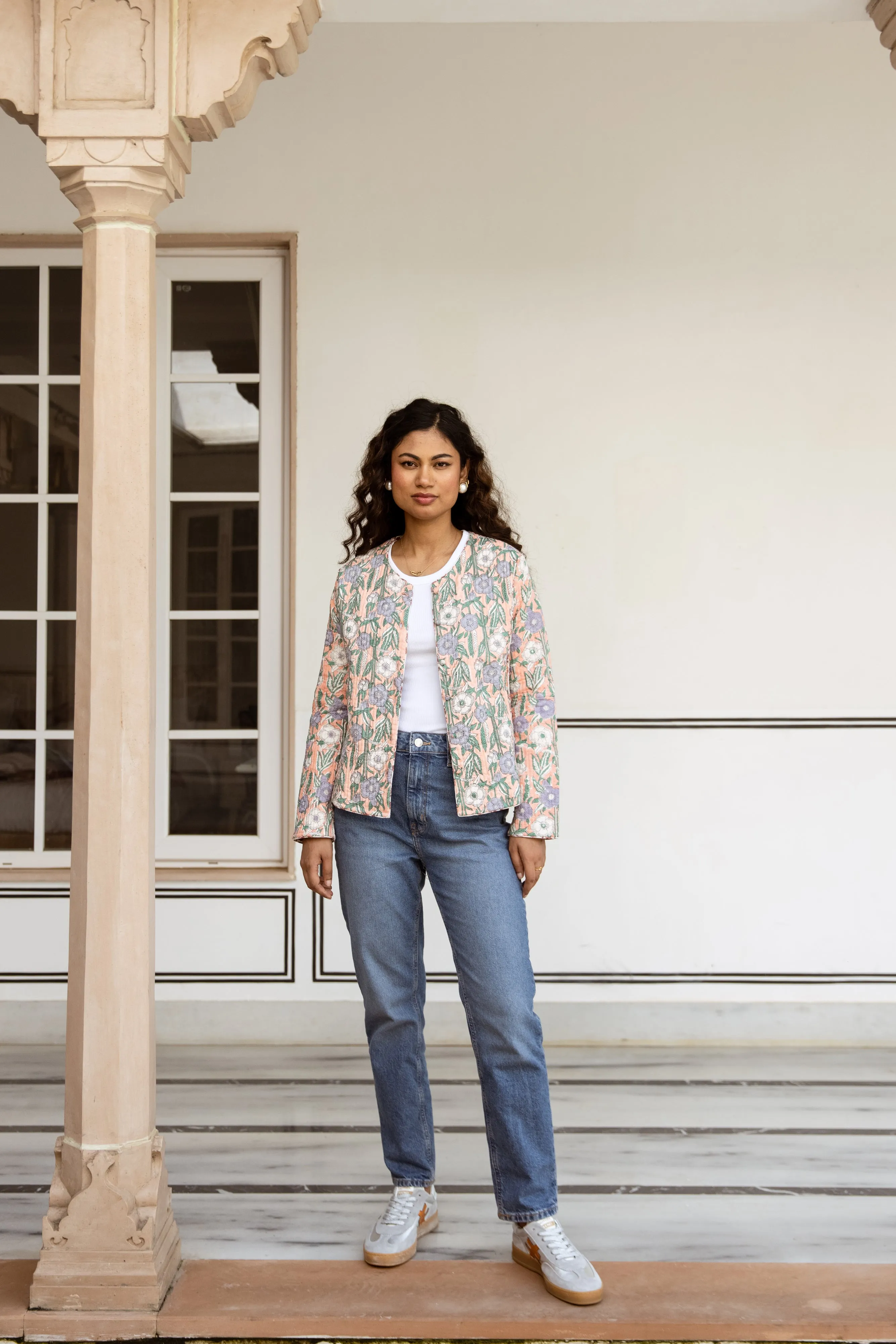 Fitted quilted jacket - Salmon Pink with Blue & Green Flowers