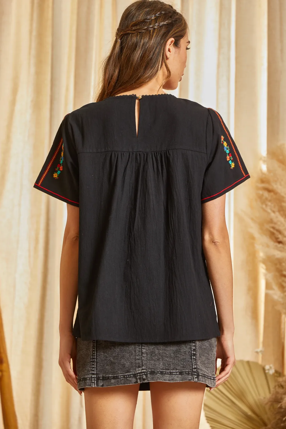 Floral & Geometric Embroidered Top, Black