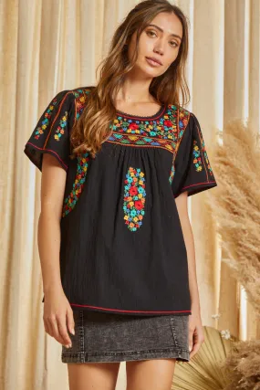 Floral & Geometric Embroidered Top, Black