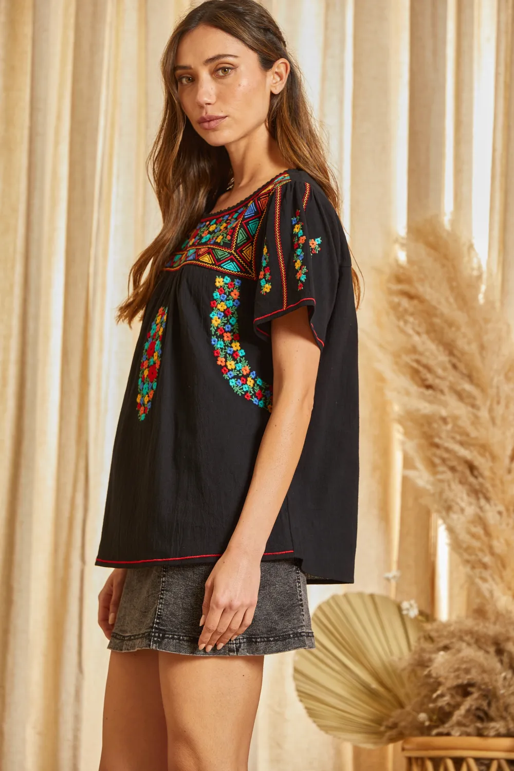 Floral & Geometric Embroidered Top, Black