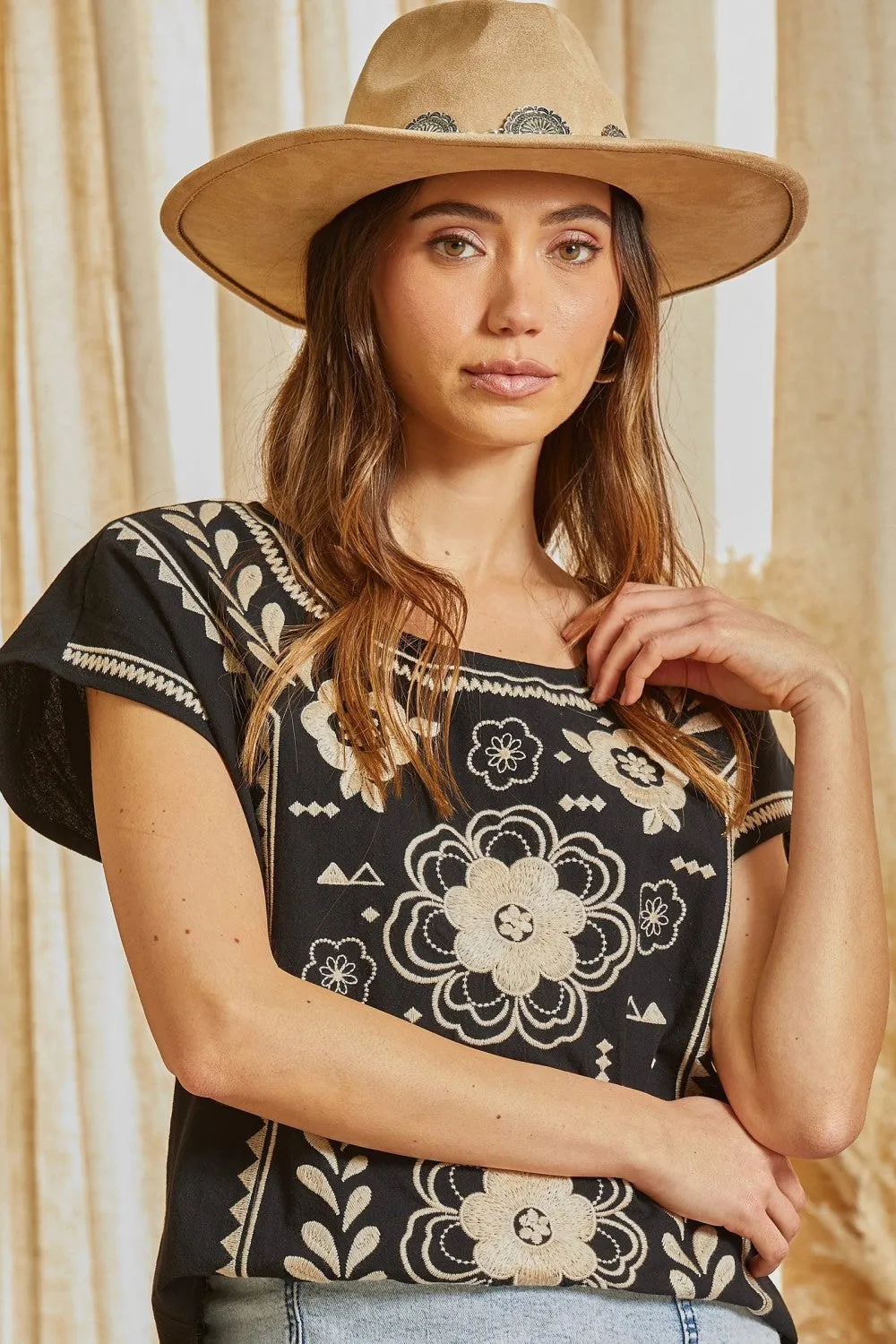 Floral Embroidered Cap Sleeve Top