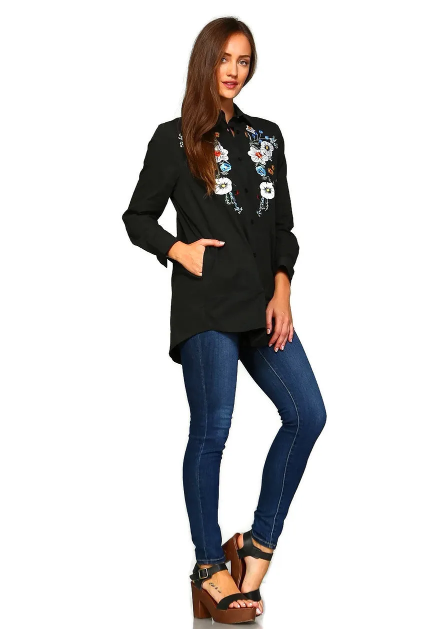 Floral Embroidered Shirt, Black