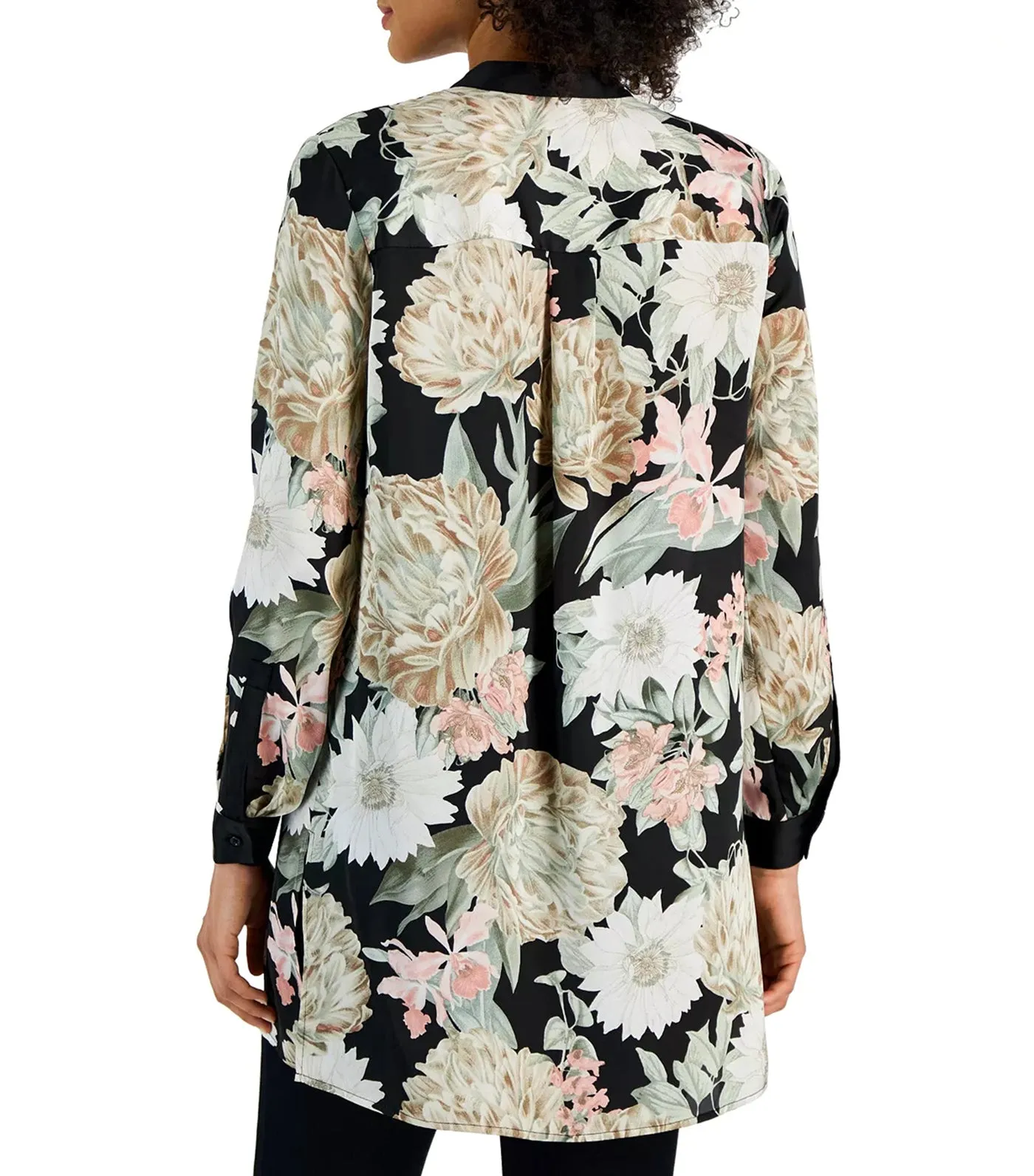 Floral Long-Sleeve Nehru Tunic Black/Crema