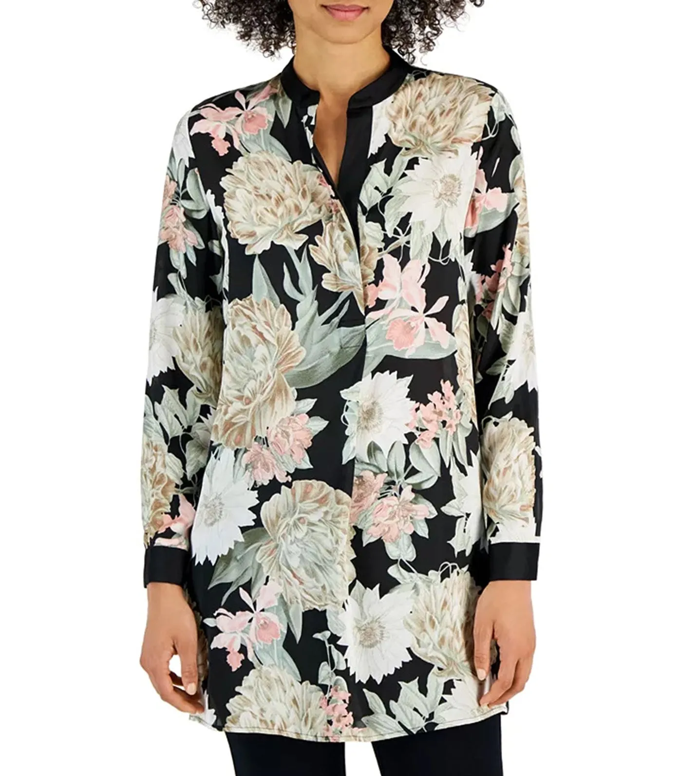 Floral Long-Sleeve Nehru Tunic Black/Crema