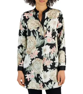 Floral Long-Sleeve Nehru Tunic Black/Crema