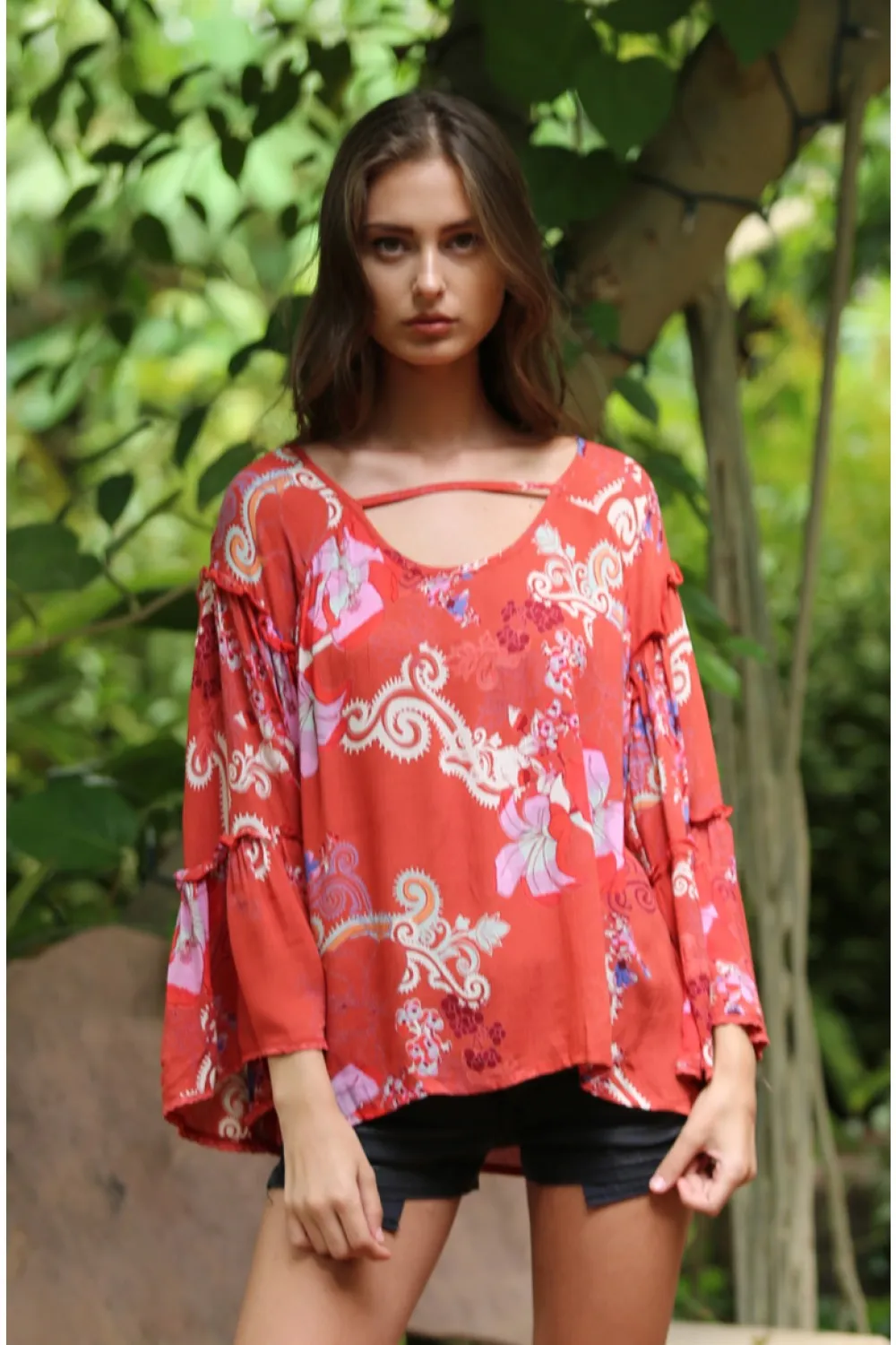 Floral Ruffle Seam Bell Sleeve Tunic, Watermelon