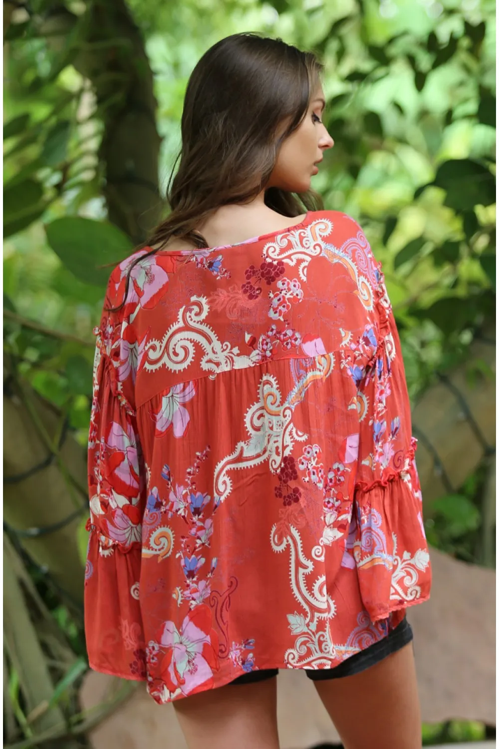 Floral Ruffle Seam Bell Sleeve Tunic, Watermelon