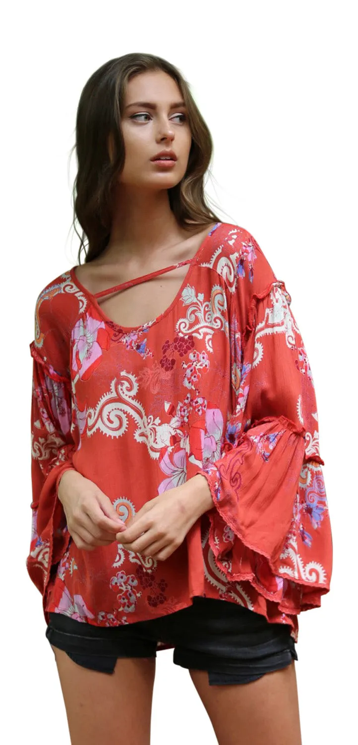 Floral Ruffle Seam Bell Sleeve Tunic, Watermelon