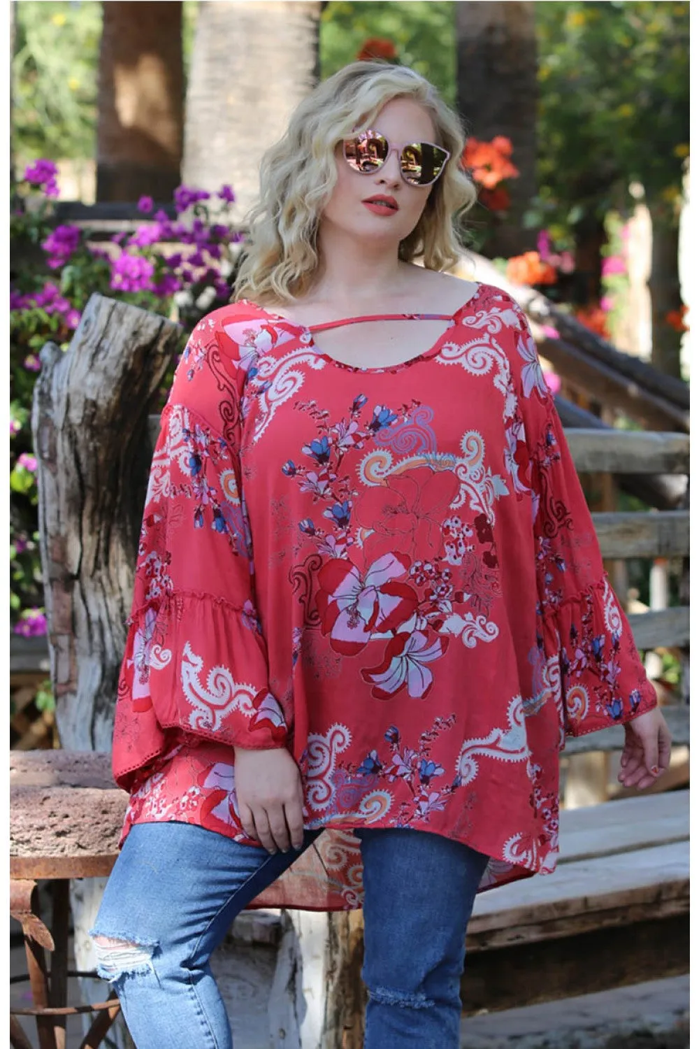 Floral Ruffle Seam Bell Sleeve Tunic, Watermelon