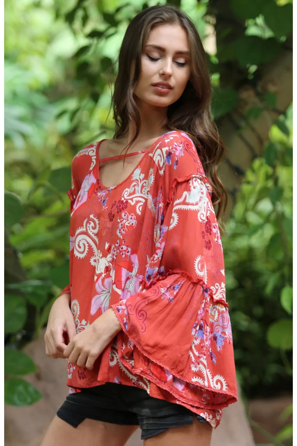 Floral Ruffle Seam Bell Sleeve Tunic, Watermelon