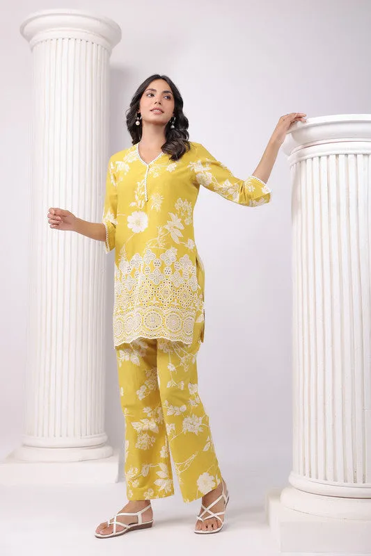 Golden Bloom Yellow Schiffli Cotton Co-ord Set