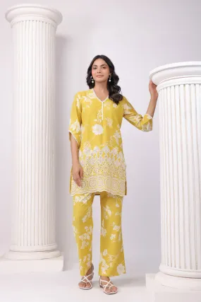 Golden Bloom Yellow Schiffli Cotton Co-ord Set