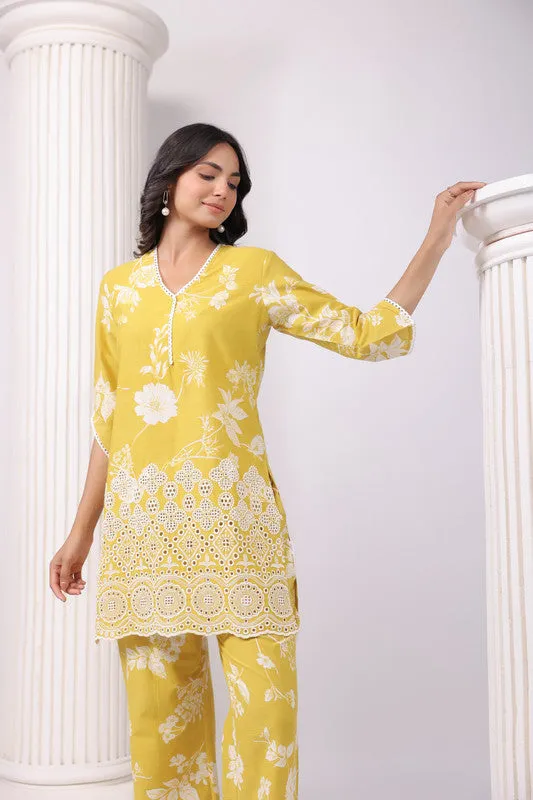 Golden Bloom Yellow Schiffli Cotton Co-ord Set