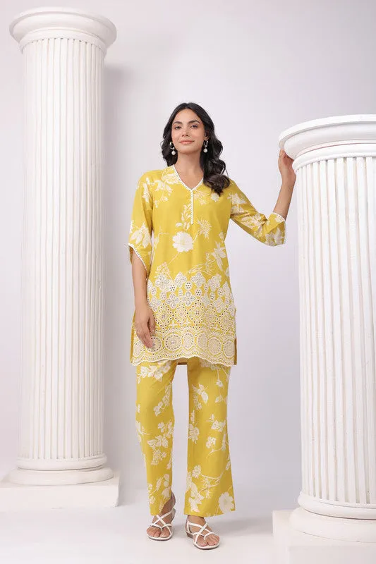 Golden Bloom Yellow Schiffli Cotton Co-ord Set