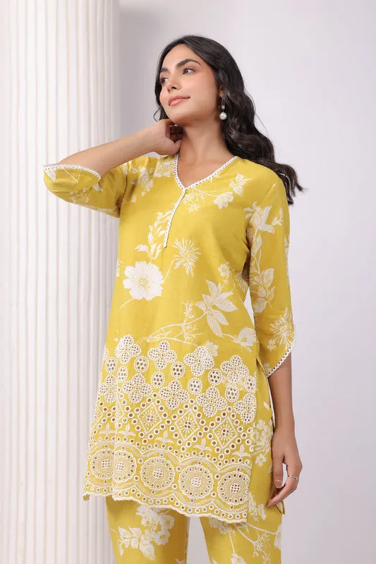 Golden Bloom Yellow Schiffli Cotton Co-ord Set