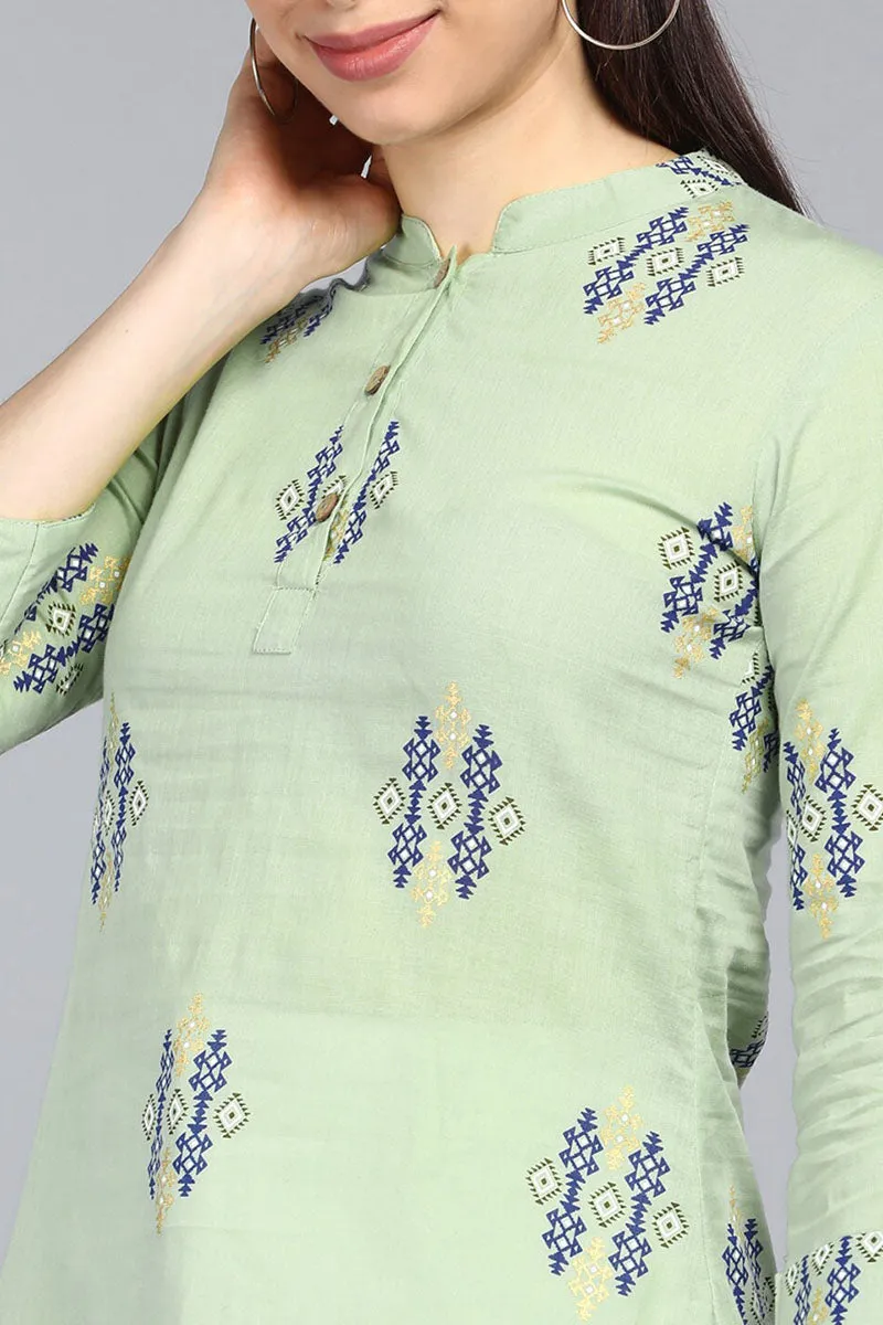 Green Cotton Ethnic Motifs Regular Tunic Top