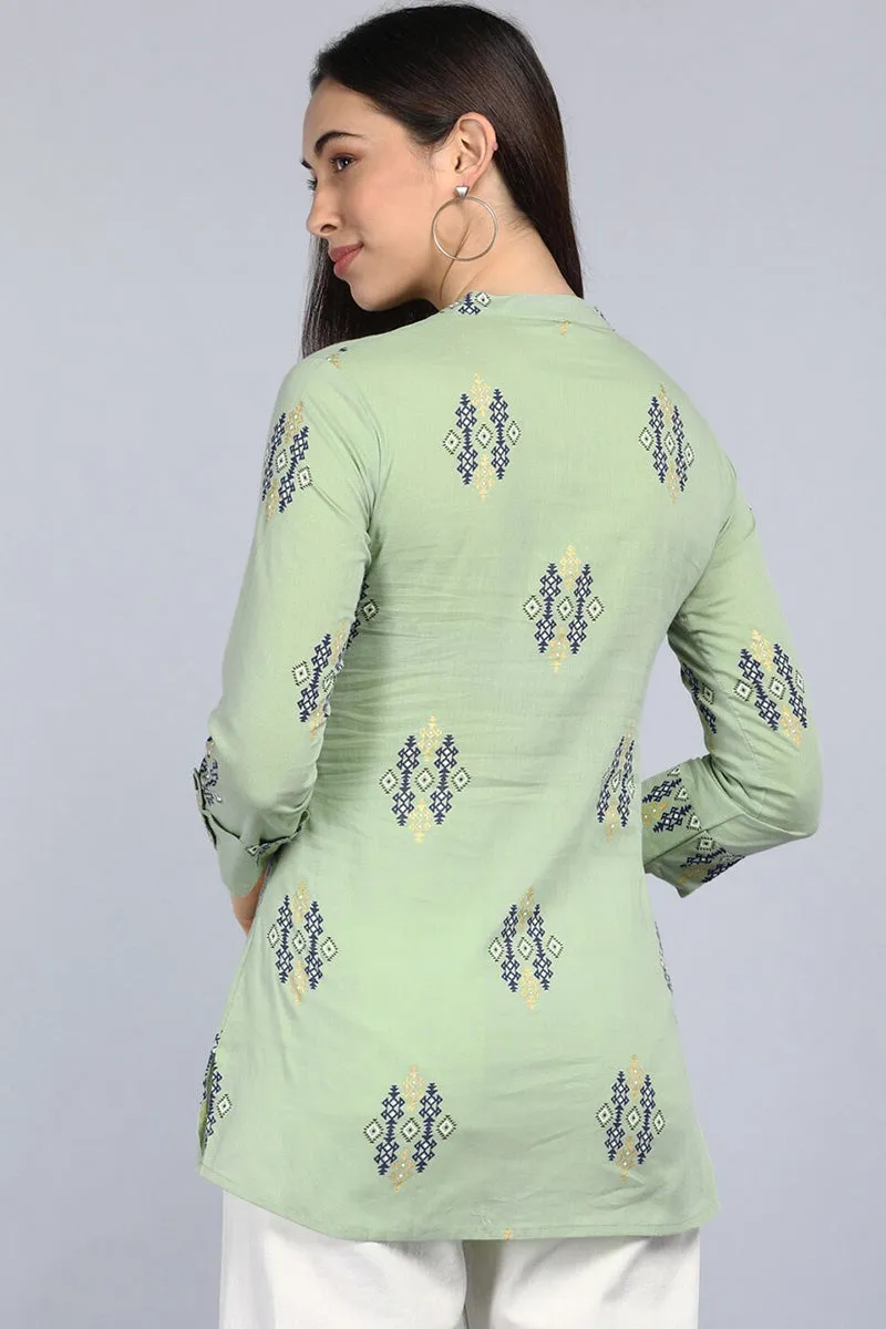 Green Cotton Ethnic Motifs Regular Tunic Top