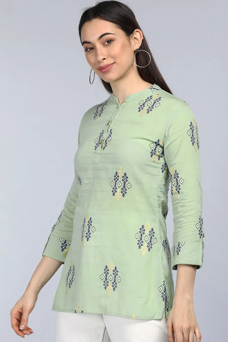 Green Cotton Ethnic Motifs Regular Tunic Top