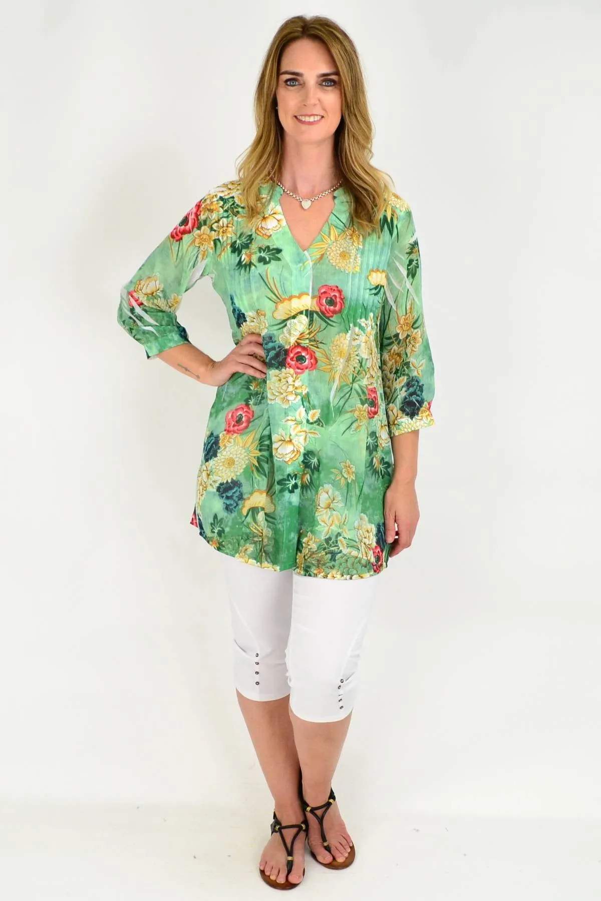 Green Floral Pleated Tunic Shirt