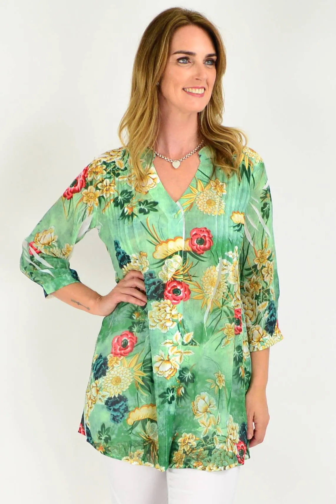 Green Floral Pleated Tunic Shirt