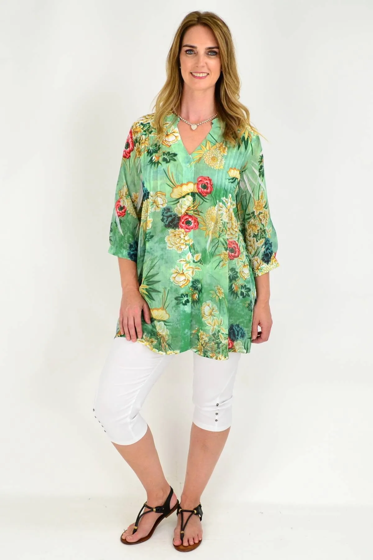 Green Floral Pleated Tunic Shirt