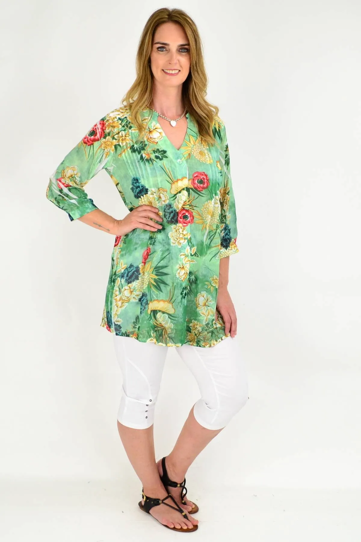 Green Floral Pleated Tunic Shirt