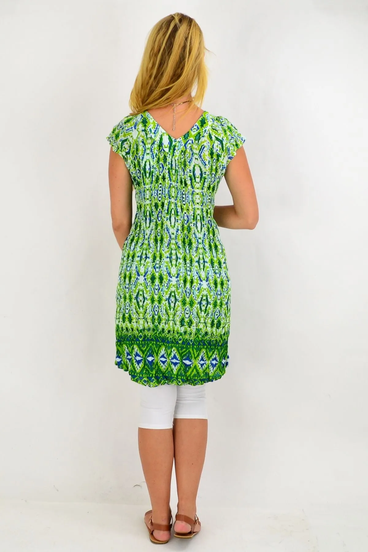 Green Pattern Short Sleeve Tunic Dress