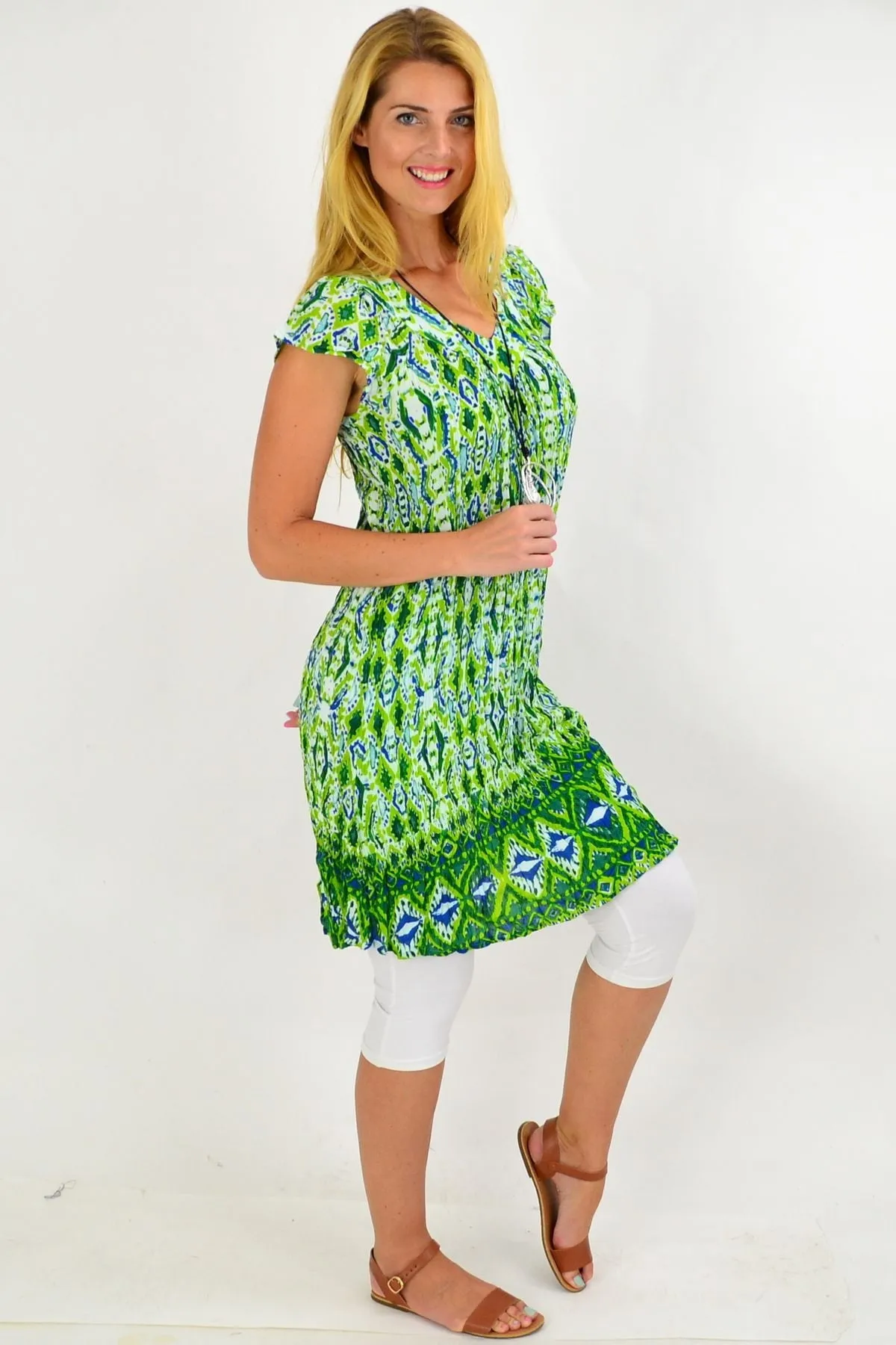 Green Pattern Short Sleeve Tunic Dress