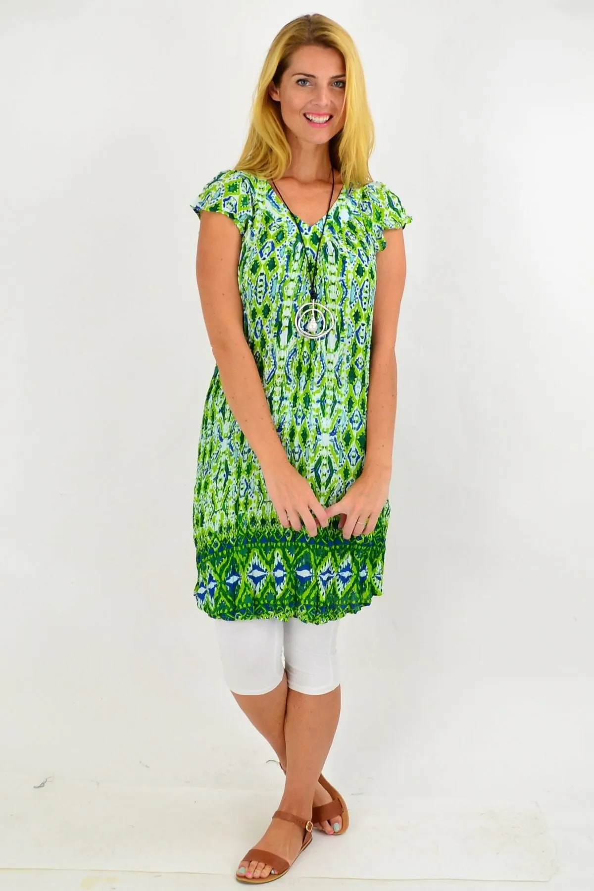 Green Pattern Short Sleeve Tunic Dress